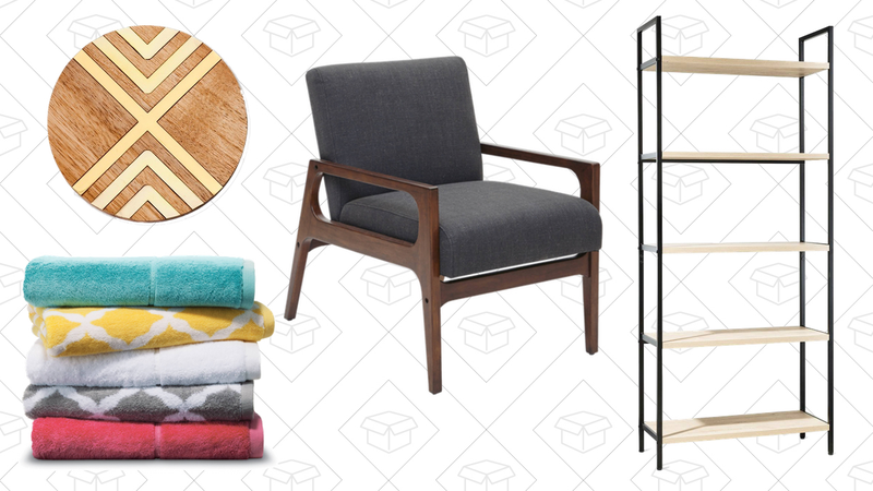 Natural Acacia Coaster with Gold Metal Set of 4, $10 | Botanic Solid Bath Towels, $5-$10 | Windson Wood Arm Chair, $230 | Darley Bookcase, $100